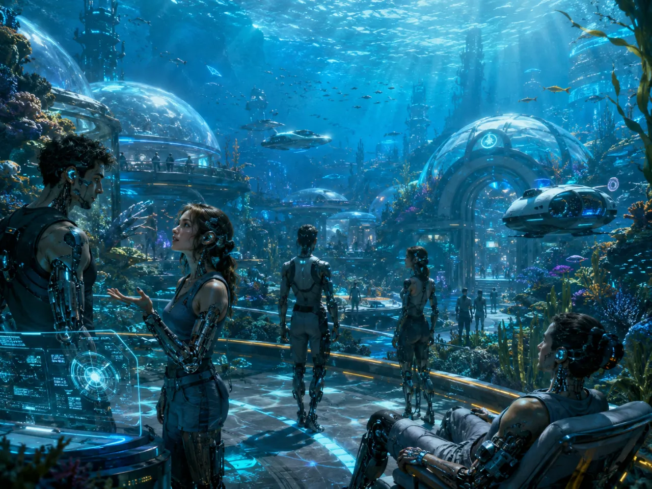 海中都市で生活する半人半機械の人々