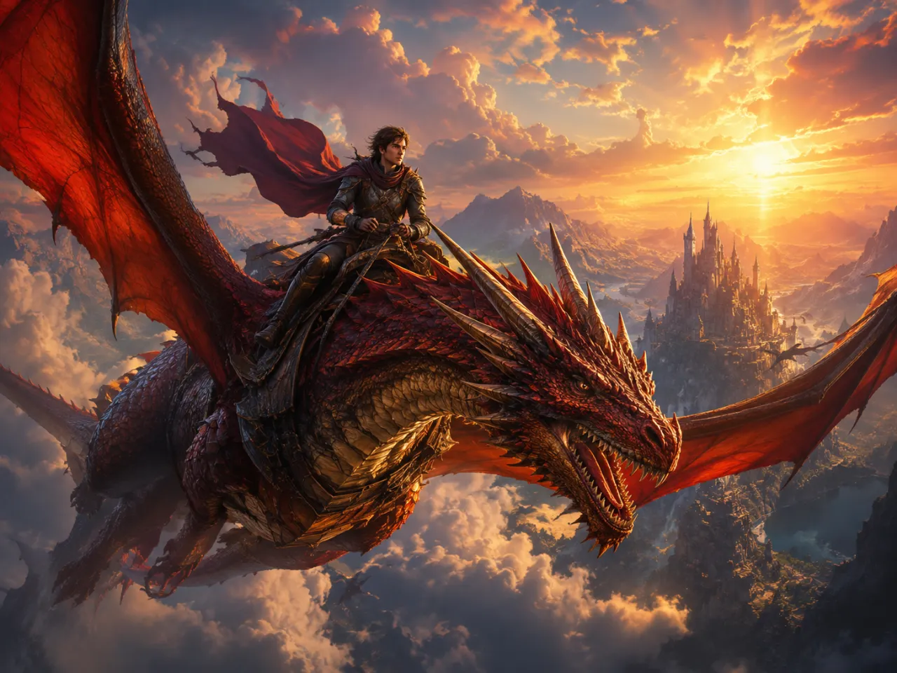 赤いドラゴンに乗って空を飛ぶ幻想的な騎士