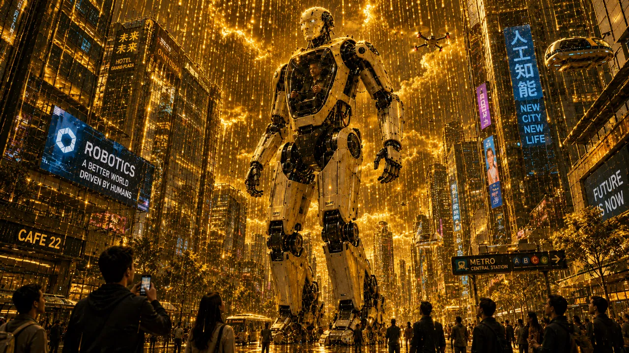 黄金の雨に包まれた未来都市と巨大ロボット