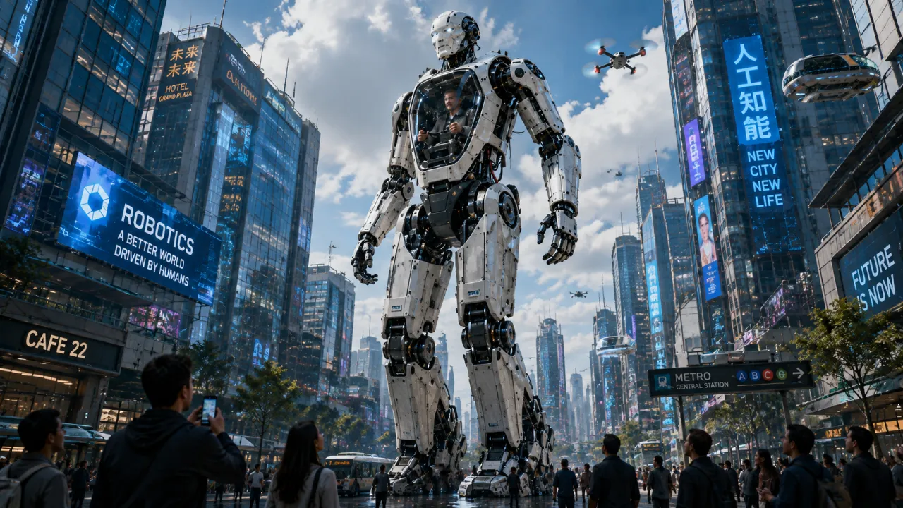 未来都市に立つ人間操縦型の巨大ロボット