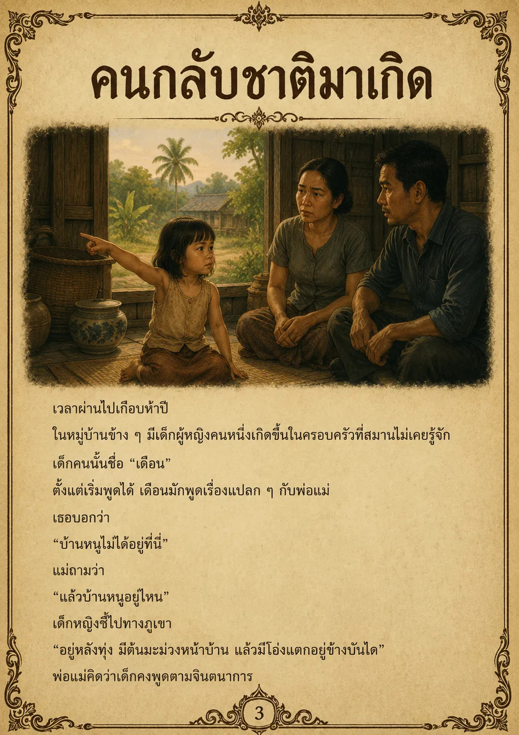 古い紙の装飾枠に収められた、両親に前世の記憶を語る少女の挿絵と物語