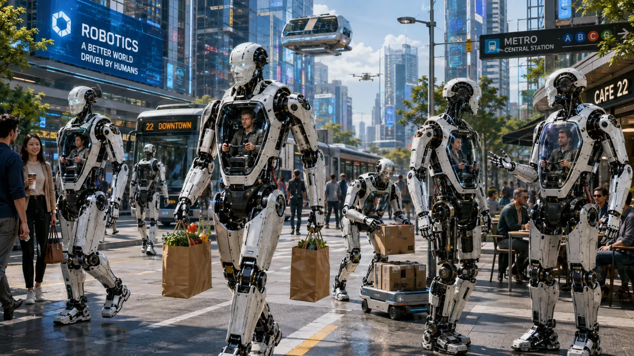 人間が操縦するロボットたちが行き交う未来都市
