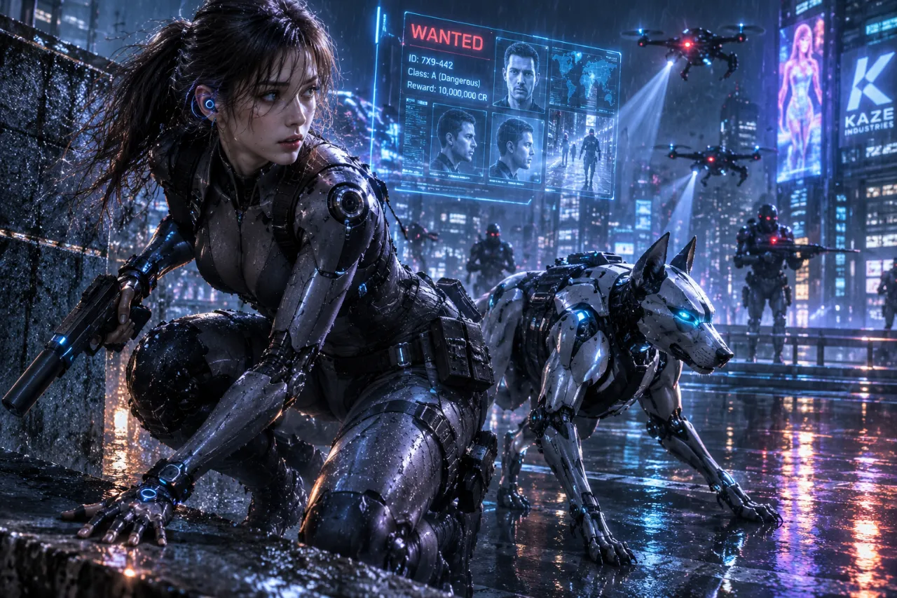 雨の未来都市でロボット犬と任務を遂行する女性型サイボーグスパイ
