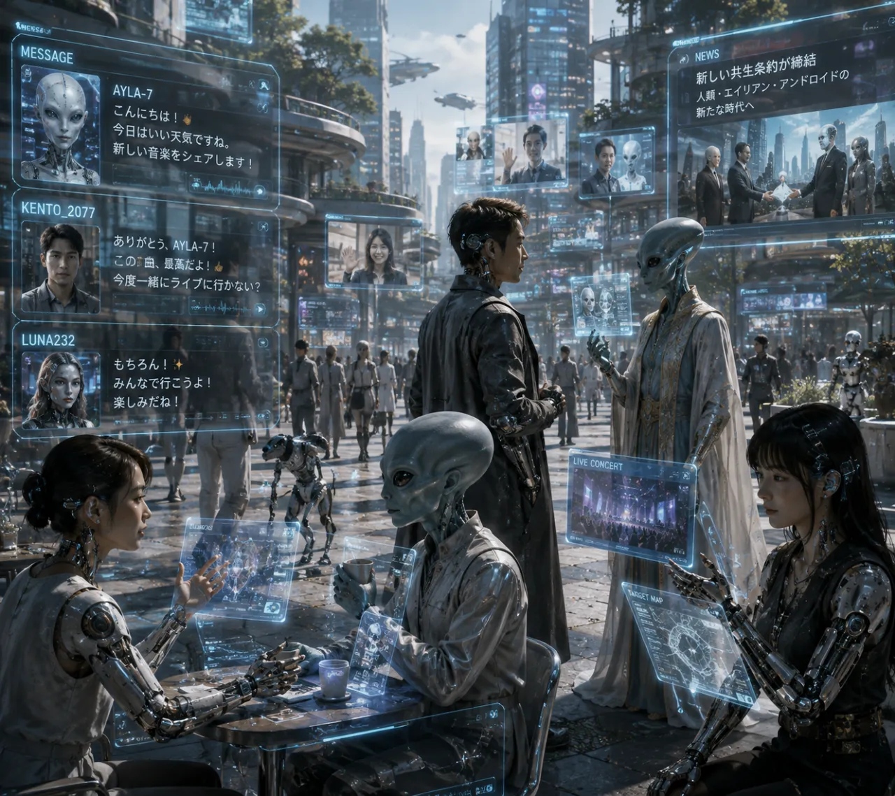 人間とロボットと異星人が映像通信を使う未来都市