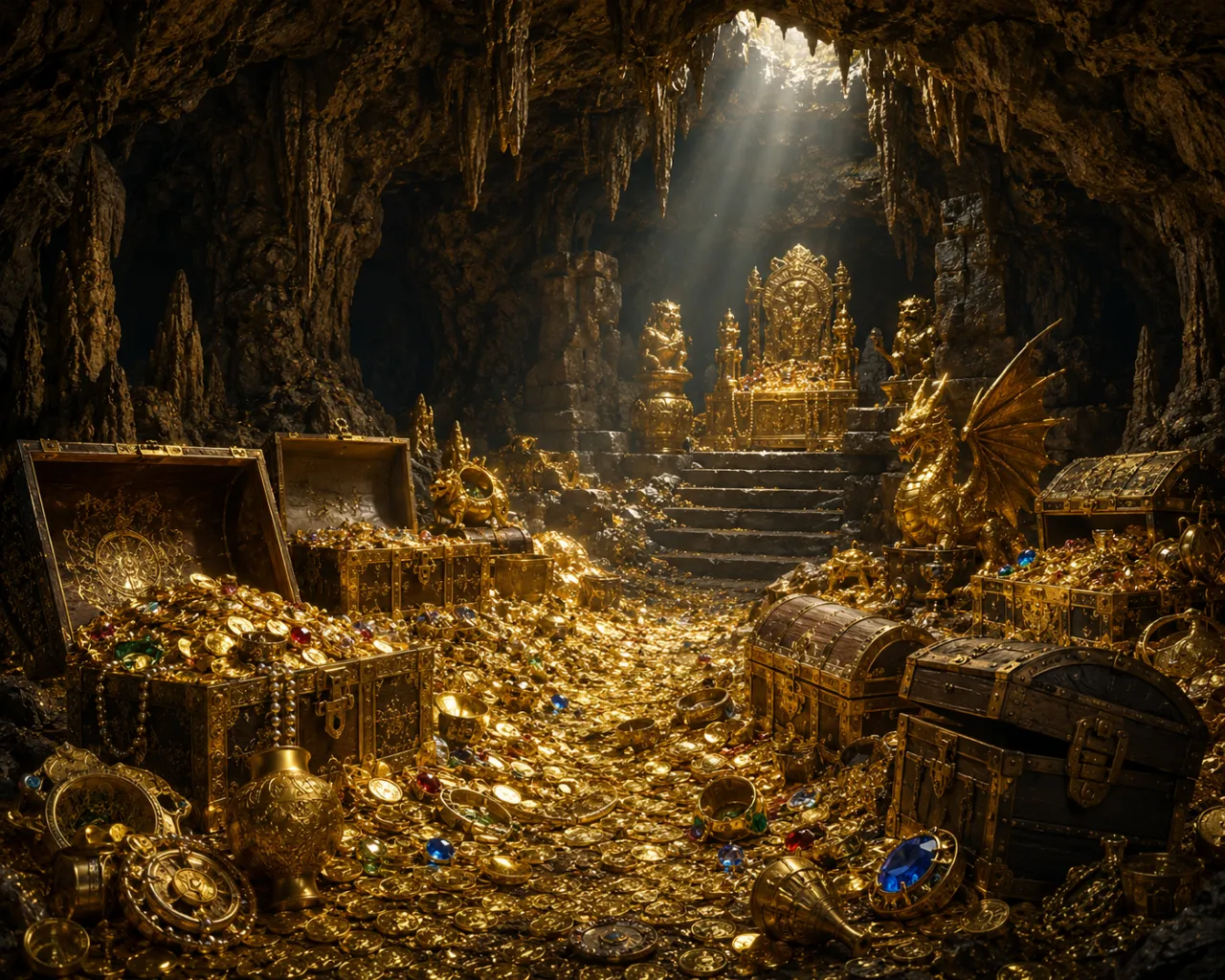 洞窟の奥に大量の金貨や宝箱が眠る幻想的な財宝庫