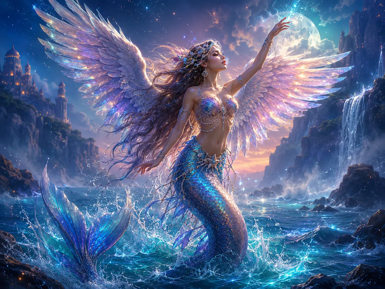 大きな翼を持つ人魚が幻想的な海で舞い上がる場面