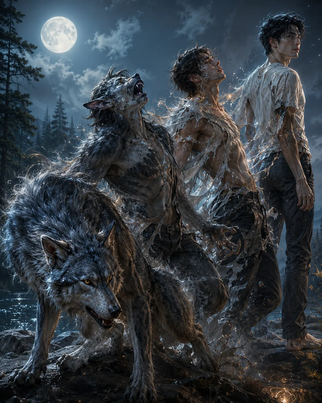 満月の下で狼から人間へと姿を変える幻想的な場面