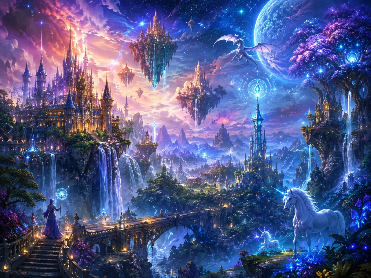 浮遊する城やドラゴン、ユニコーンが存在する幻想的な魔法世界